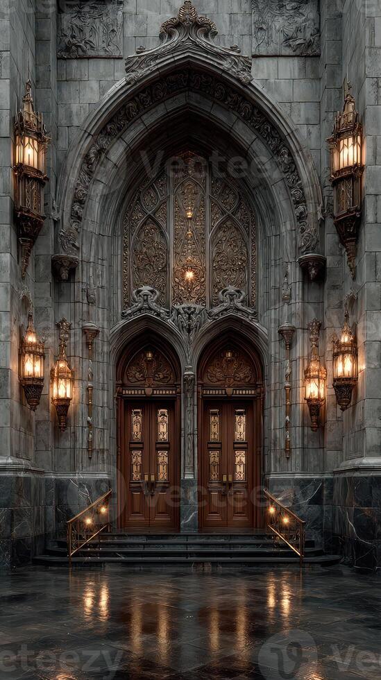 Intricate Gothic architecture of a historic building entrance at dusk reveals glowing lanterns and ornate details photo