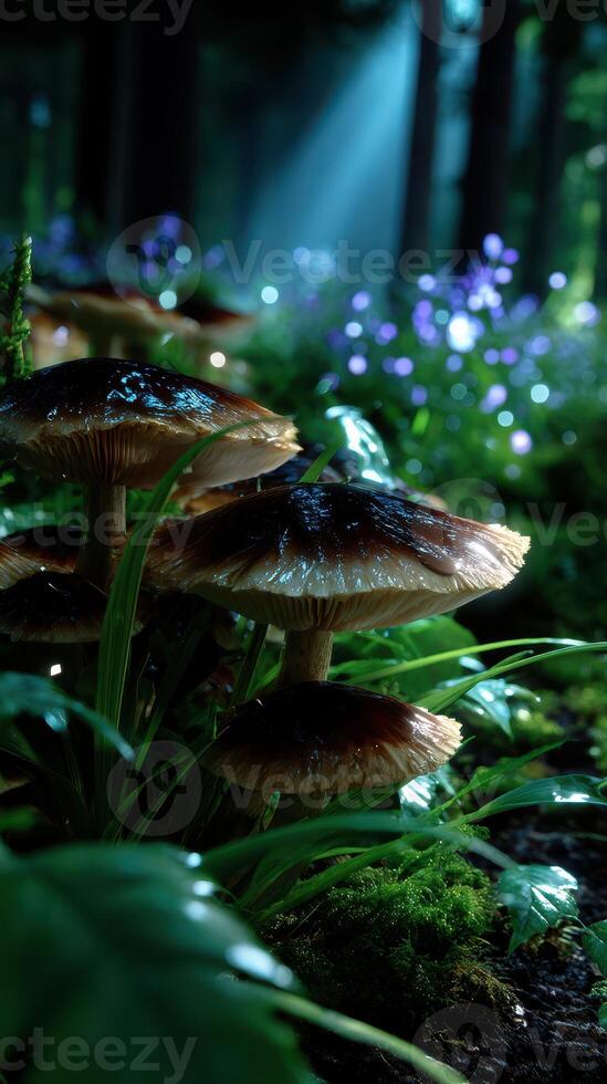Mushrooms thrive in a lush forest under soft sunlight during early morning hours showcasing nature's beauty photo