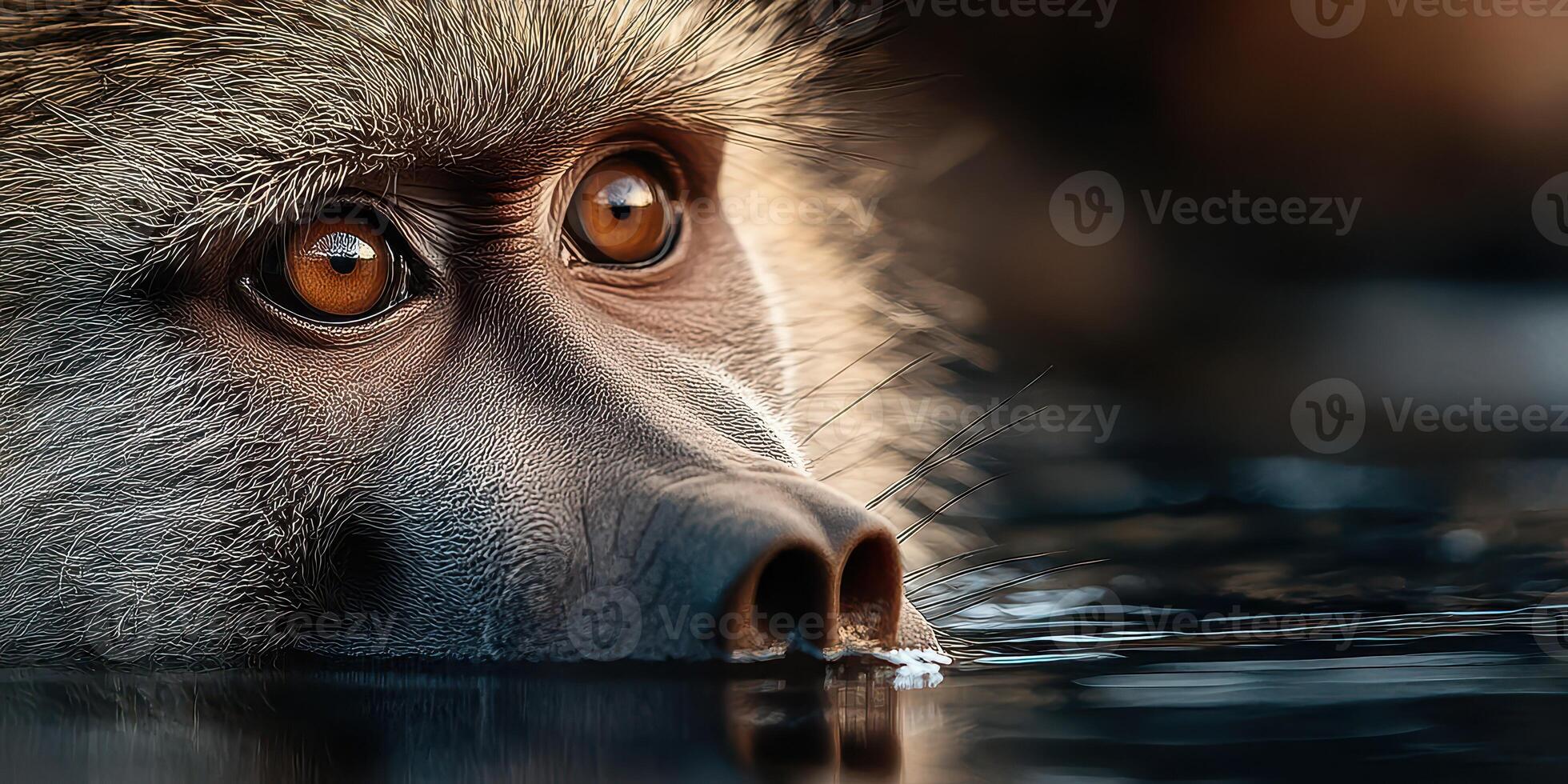 Close-up view of a baboon observing its reflection in calm water during the golden hour photo