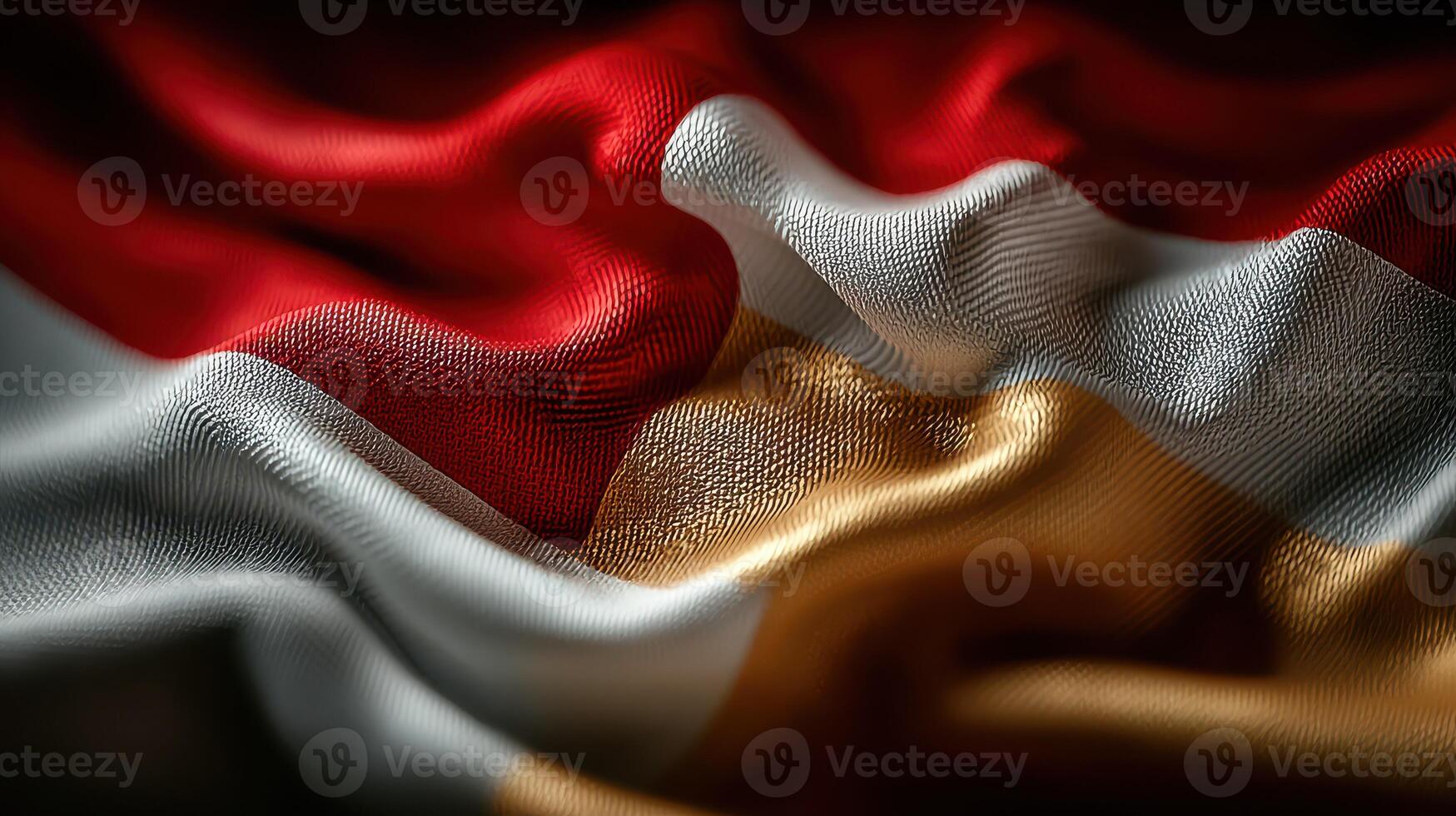 Waves of fabric showcase vibrant colors of red, white, and gold in an abstract arrangement photo