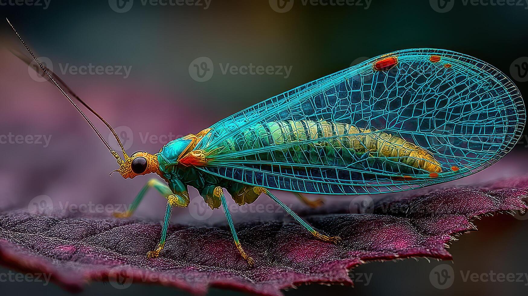 Vibrantly colored insect rests on a leaf showcasing intricate wings and body details in a lush environment photo