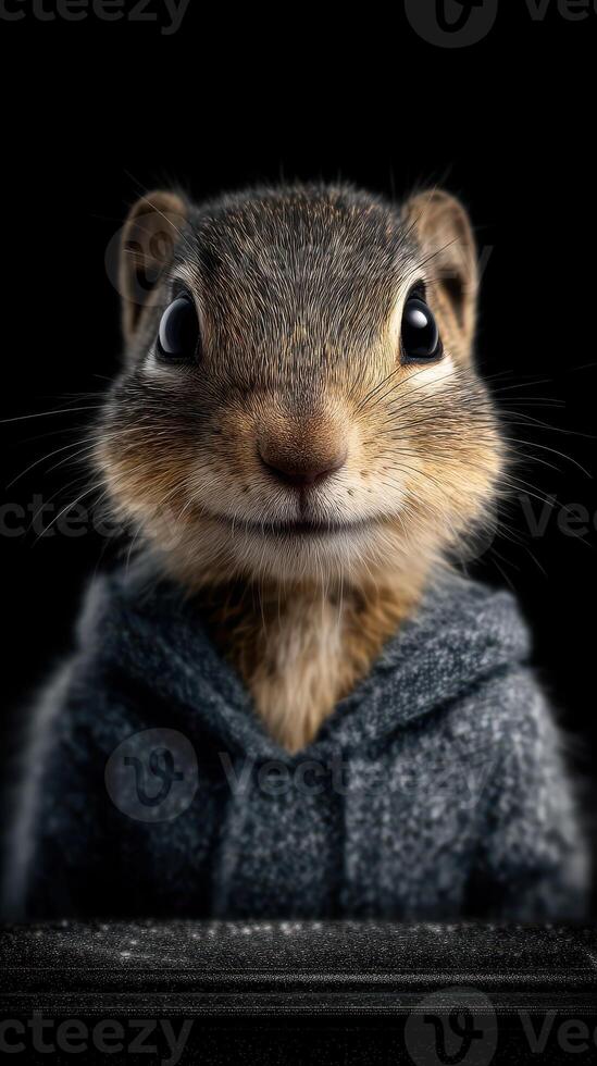 Cute squirrel wearing a hoodie poses with a charming smile against a dark background photo