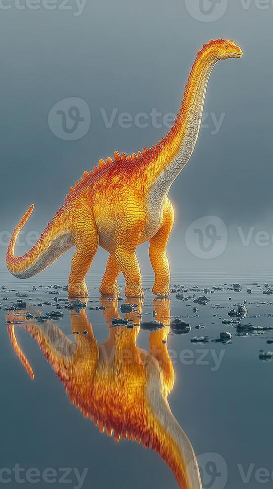Large dinosaur stands in calm water during a misty morning, reflecting orange hues on the surface photo