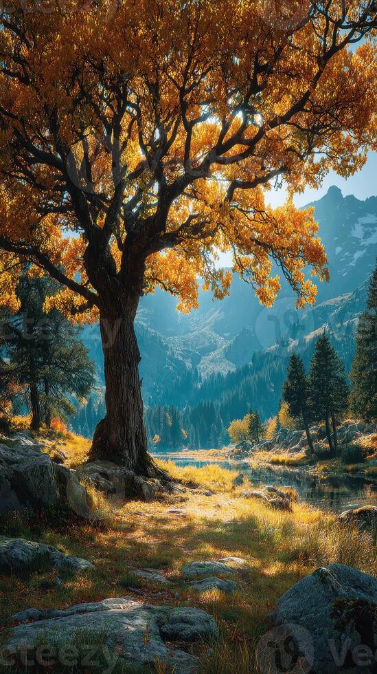 Vibrant autumn landscape with a golden tree beside a serene lake surrounded by mountains at twilight photo