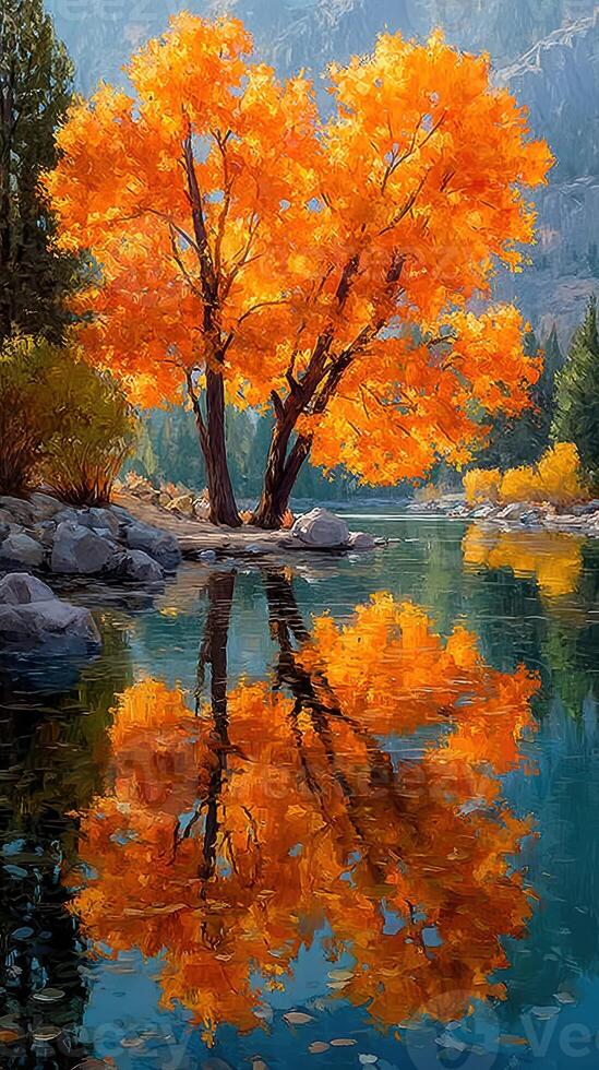 Autumn trees reflect in serene lake during golden hour near the mountains in vibrant colors photo