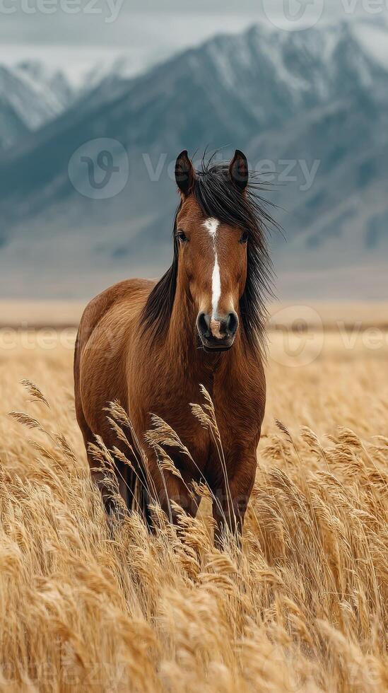 Majestic brown horse stands gracefully in golden grassland against a backdrop of snow-capped mountains under a cloudy sky photo