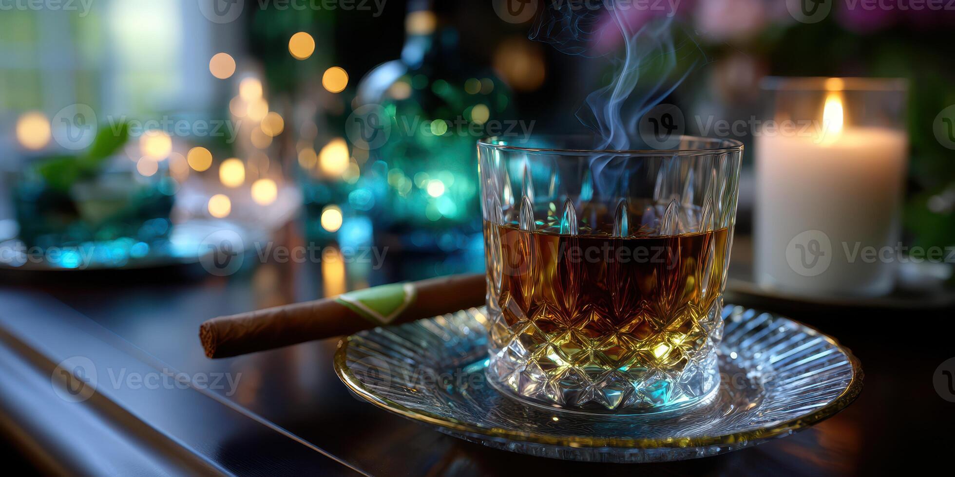 Cozy evening with a glass of whiskey and a cigar in a softly lit setting photo