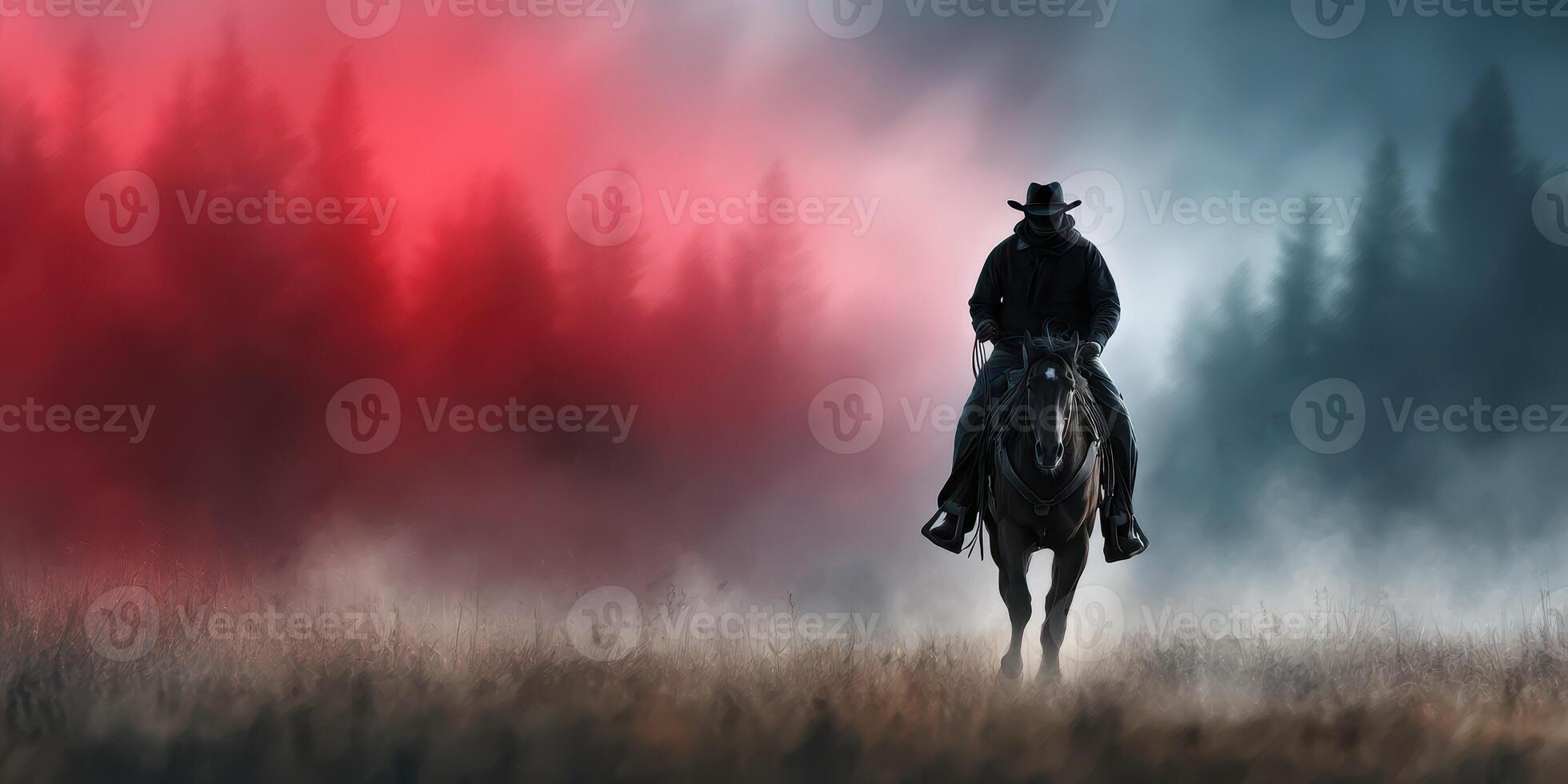Mysterious cowboy rides through fog in a dramatic landscape at twilight photo