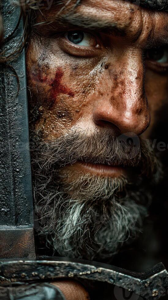 Warrior with a scarred face and intense gaze stands near a sword in a dramatic, battle-worn setting photo