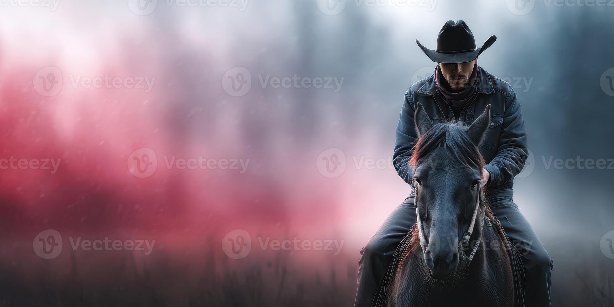 Cowboy riding black horse in misty forest with dramatic lighting at dusk photo