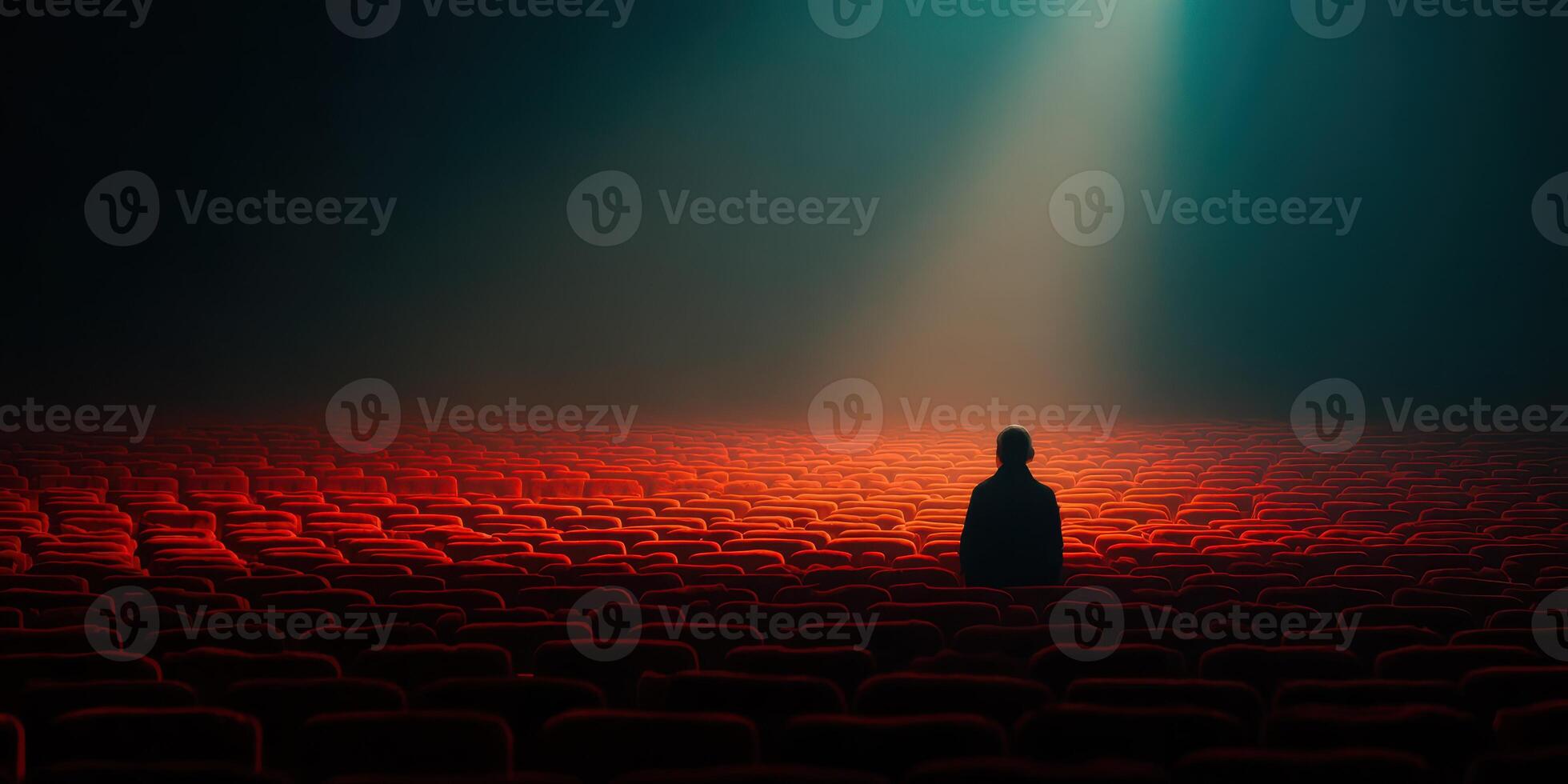 Lonely figure sits among empty theater seats in dim light during an evening performance photo