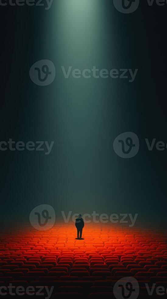 Performer stands alone on a vibrant red stage beneath a bright spotlight in an empty auditorium at night photo