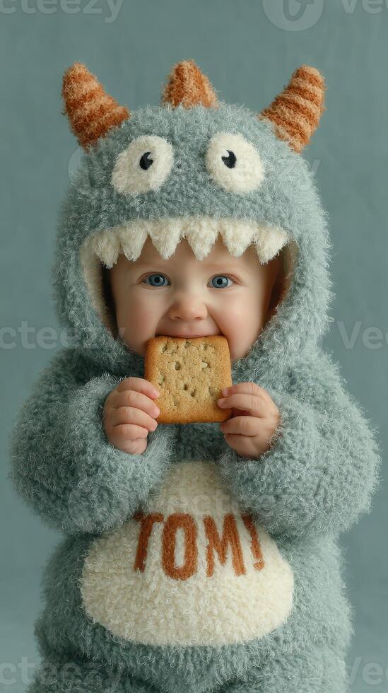 Cute baby in monster costume smiling while holding cookie, studio setting photo