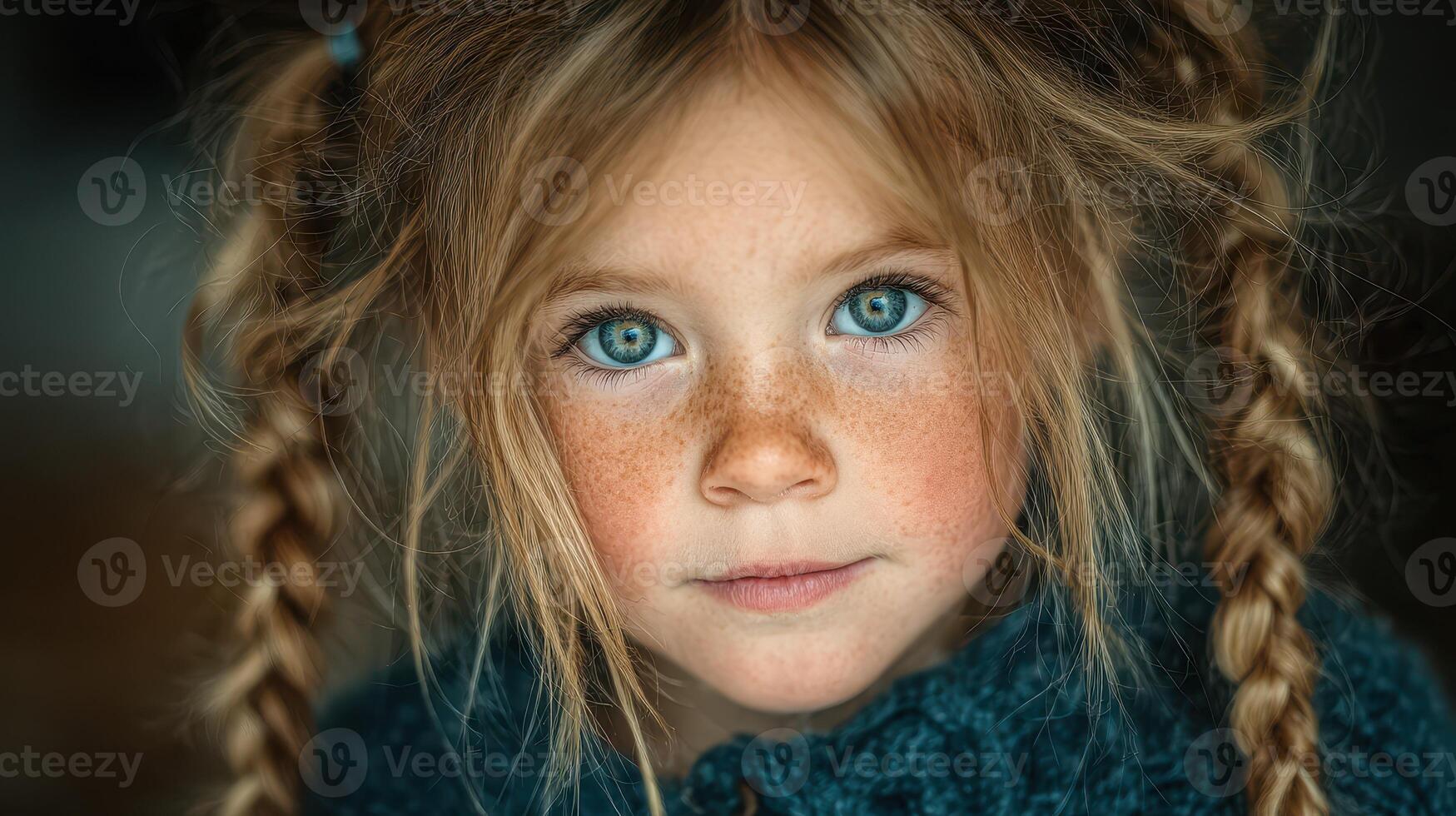 Child with bright blue eyes and freckles gazes directly, showcasing innocence and charm, natural light enhances warmth and detail in the expression photo