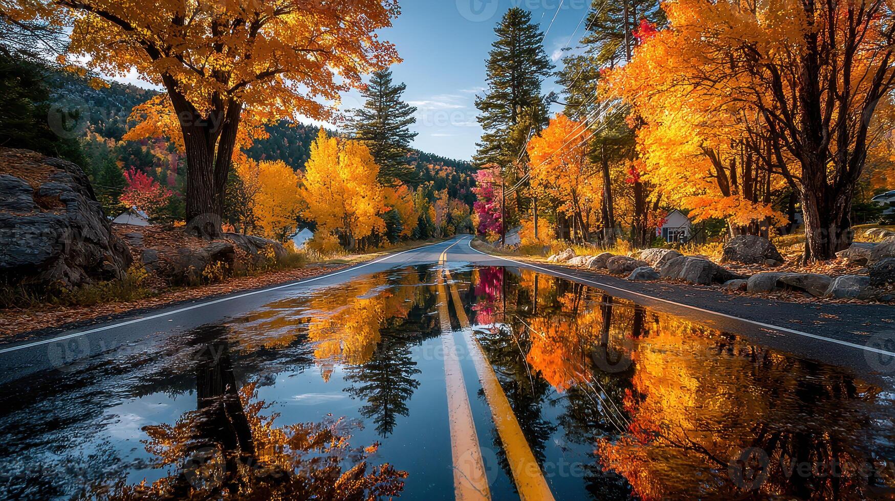 Beautiful autumn landscape with vibrant fall foliage reflecting on a wet road in a peaceful rural setting photo