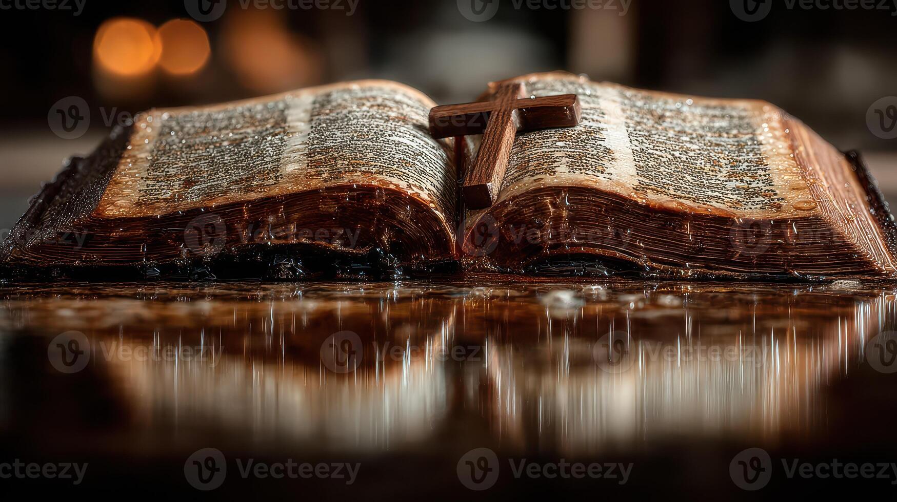 Open Bible resting on a reflective surface illuminated by warm light, with a wooden cross placed on its pages photo