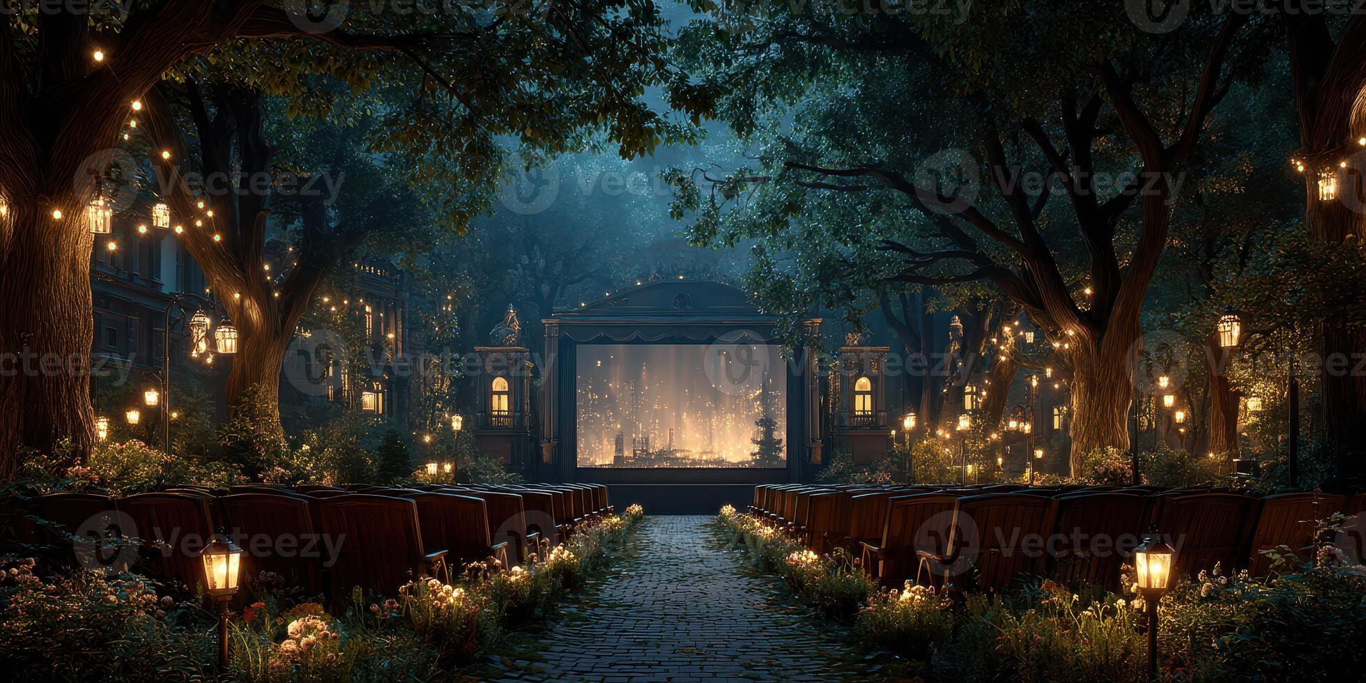 Outdoor theater surrounded by twinkling lights and trees at night in a serene garden setting photo