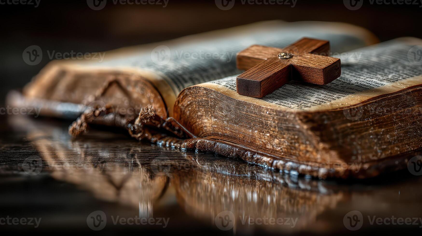 Old book with worn pages and wooden cross resting on top showcases faith and tradition in a serene environment photo