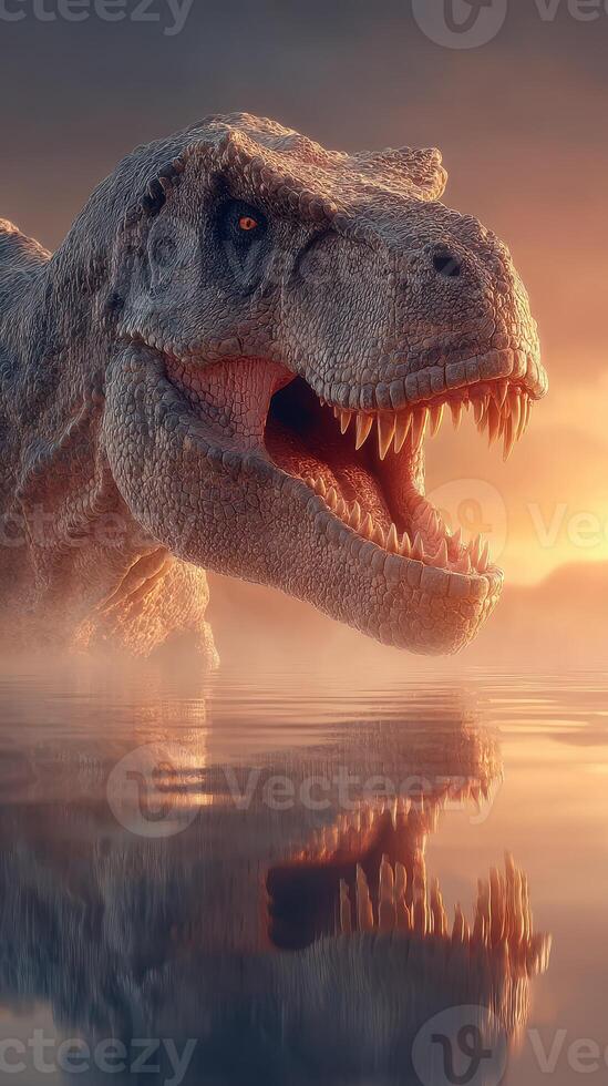 Dinosaur emerges from misty lake at sunset, showcasing powerful presence in prehistoric landscape atmosphere photo