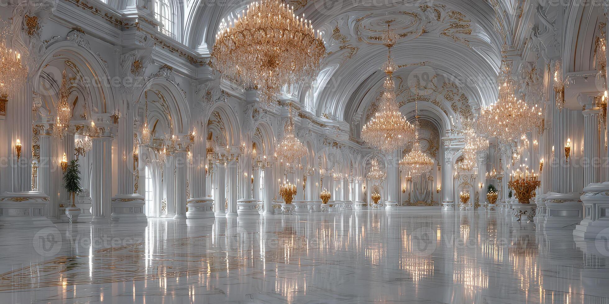 Extravagant hall adorned with crystal chandeliers and ornate decorations in a historic palace during daylight hours photo