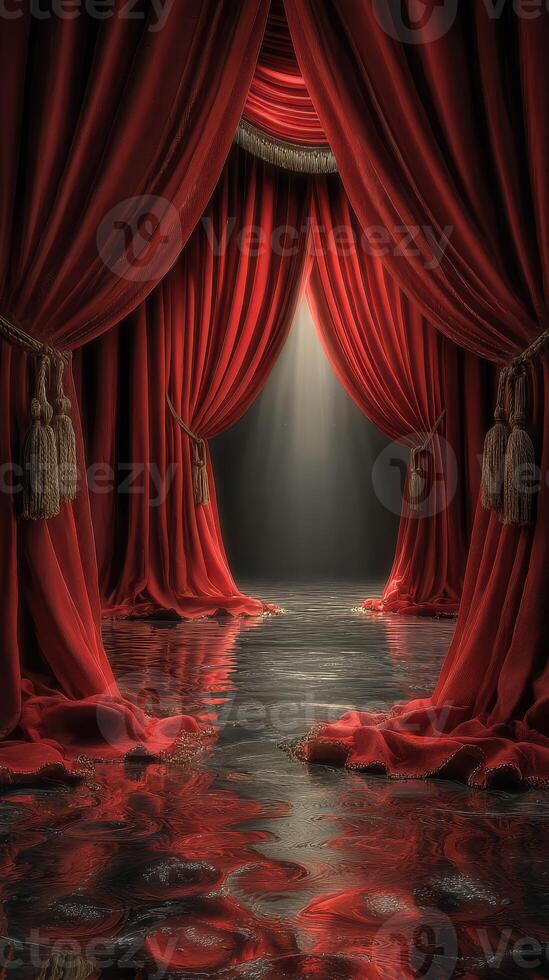 Red velvet curtains frame a mysterious stage illuminated by soft light in an elegant theater setting photo