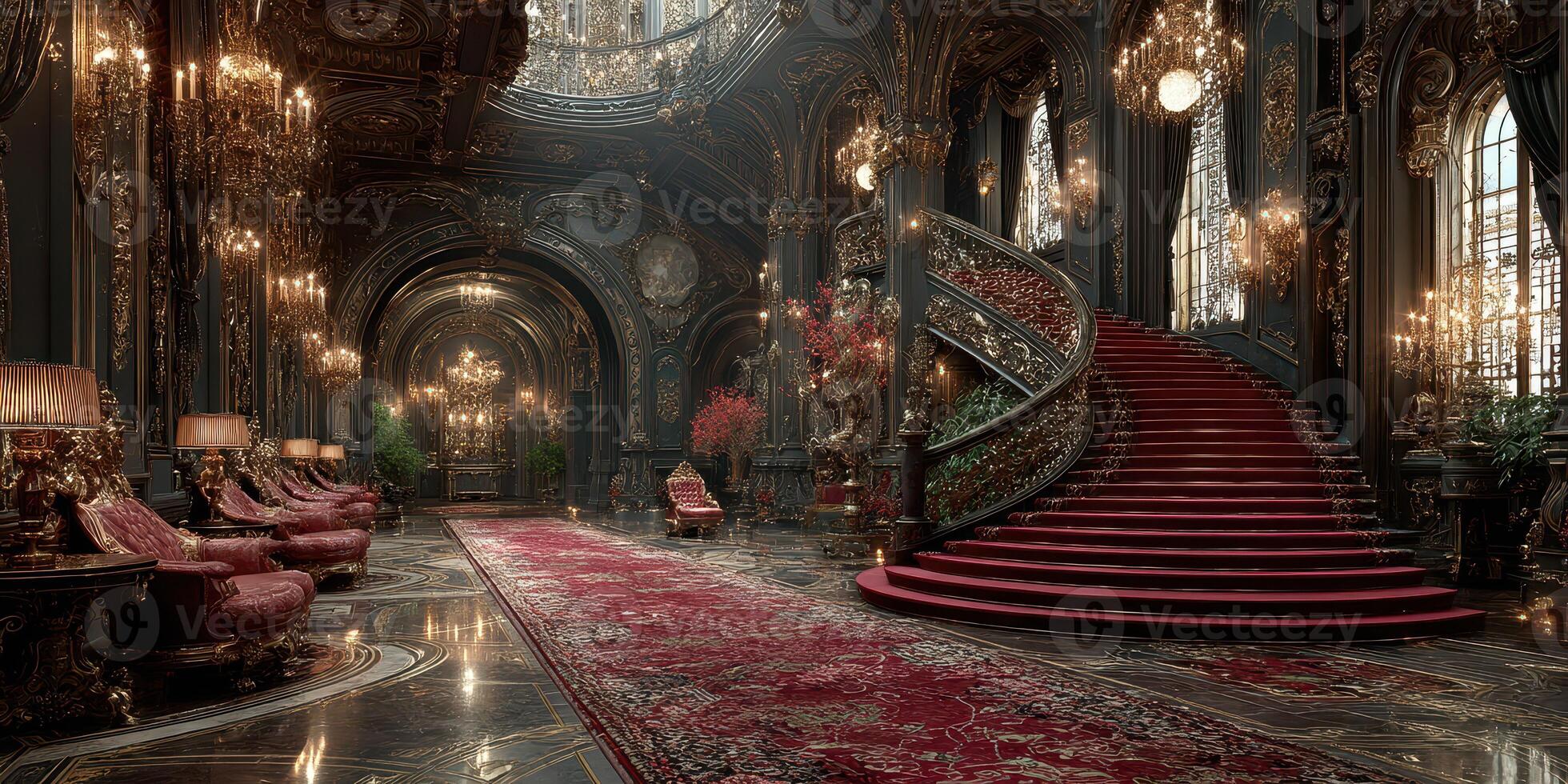 Luxurious grand hall featuring ornate decorations, intricate chandeliers, and a sweeping staircase in opulent mansion photo