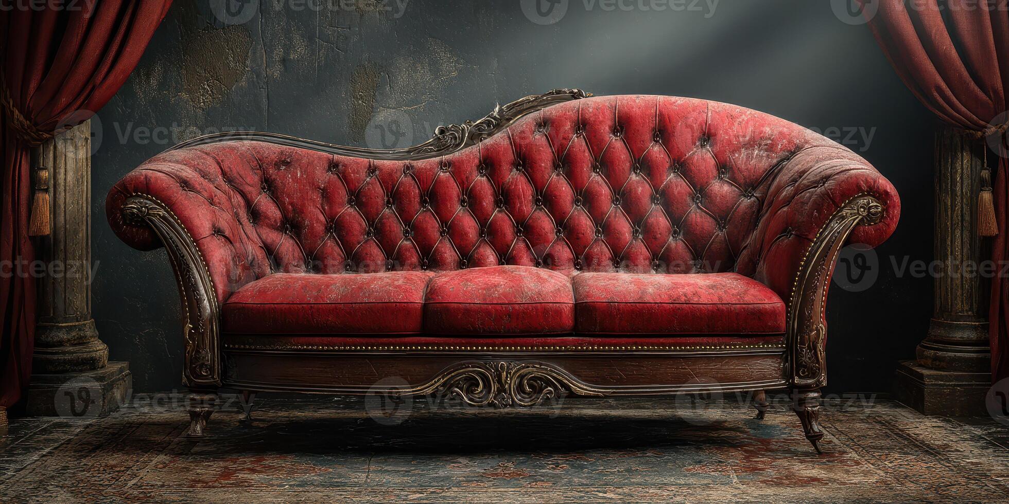 Elegant vintage red tufted sofa displayed in an atmospheric interior environment with warm lighting photo