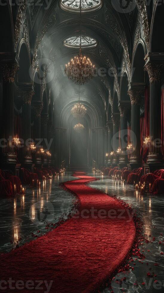 Elegant red carpet leading to an ornate hall with stunning chandeliers and soft light in a lavish setting photo