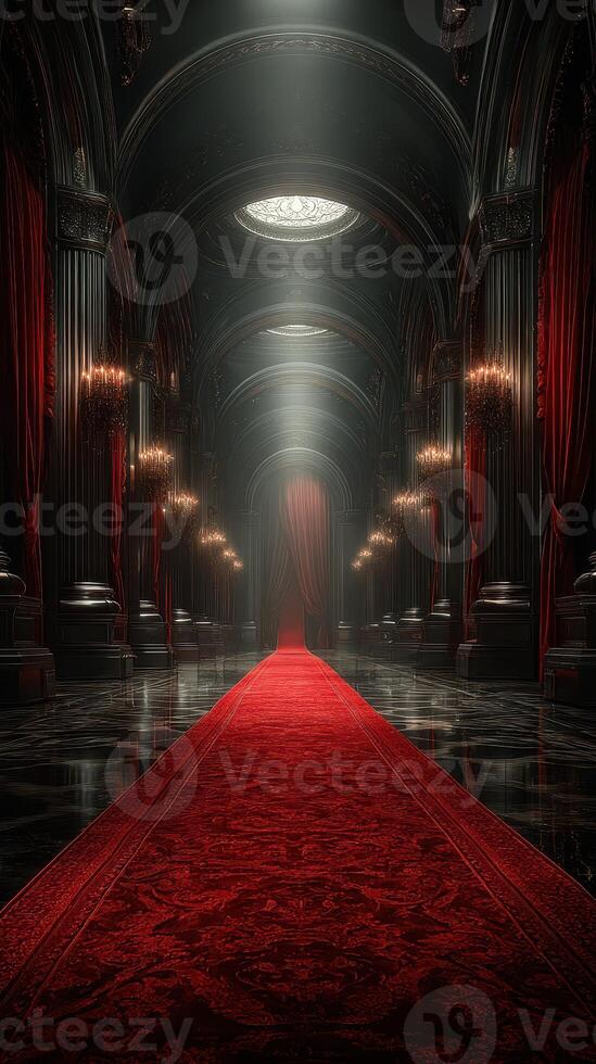 Elegant red carpet leads to dimly lit hallway with ornate chandeliers and grand architecture photo
