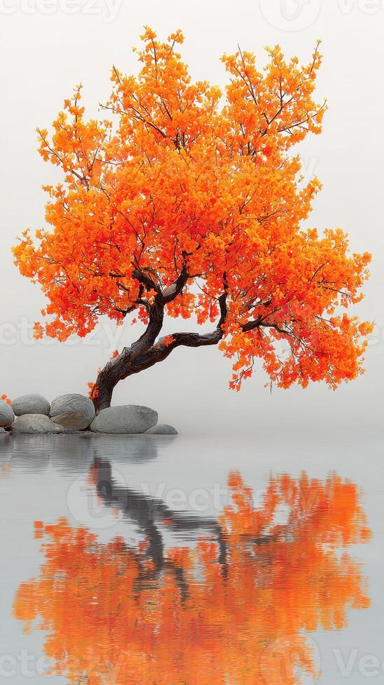 Vibrant orange tree reflecting in calm water on a serene autumn day near a smooth stone shoreline photo