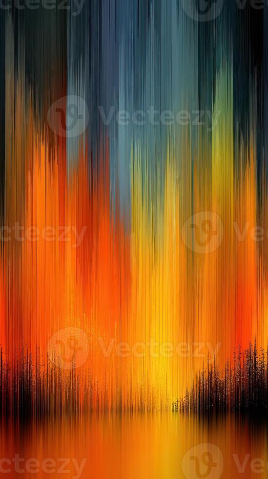 Striking abstract artwork showcasing vibrant colors in vertical lines resembling a fiery sunset over a tranquil lake photo