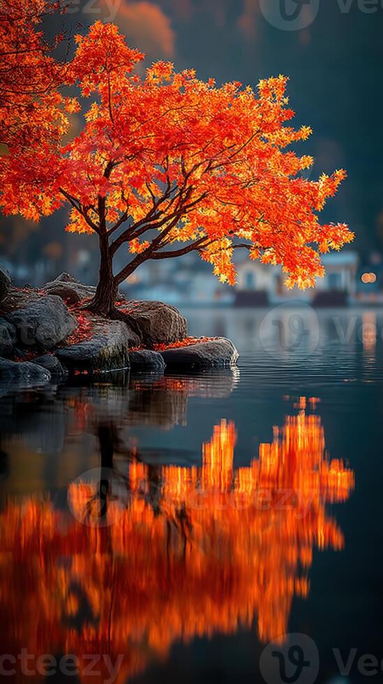Vibrant orange tree reflects in calm lake during autumn sunset in tranquil location photo