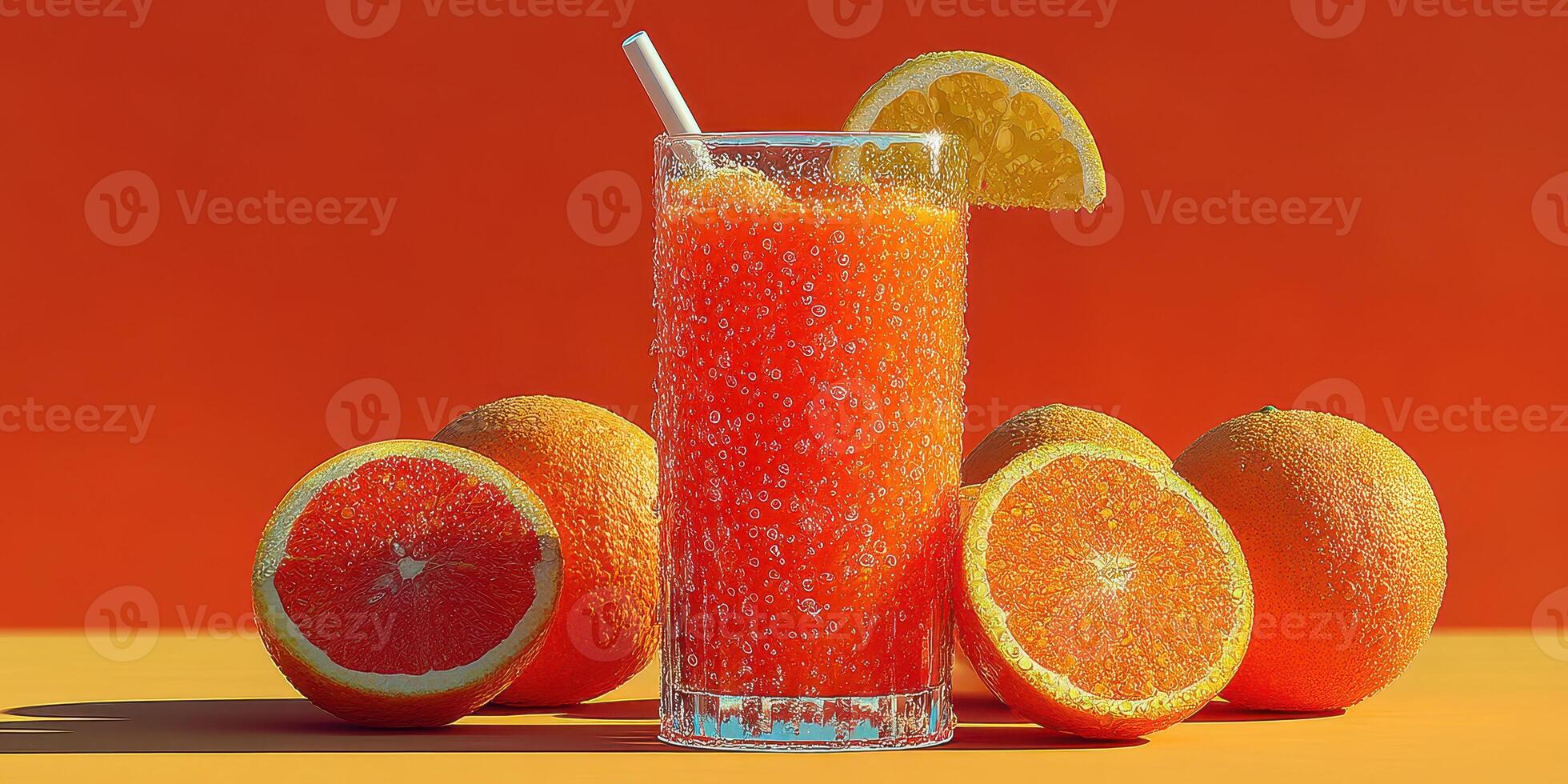 Refreshing citrus drink served in a tall glass with oranges on a bright orange background photo