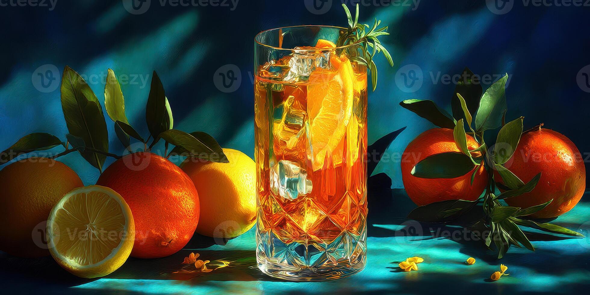 Refreshing orange iced tea drink with citrus fruits and herbs on a vibrant blue background photo