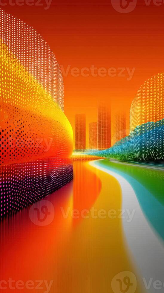 Colorful abstract cityscape with vibrant hues and a reflective pathway under a warm sunset photo