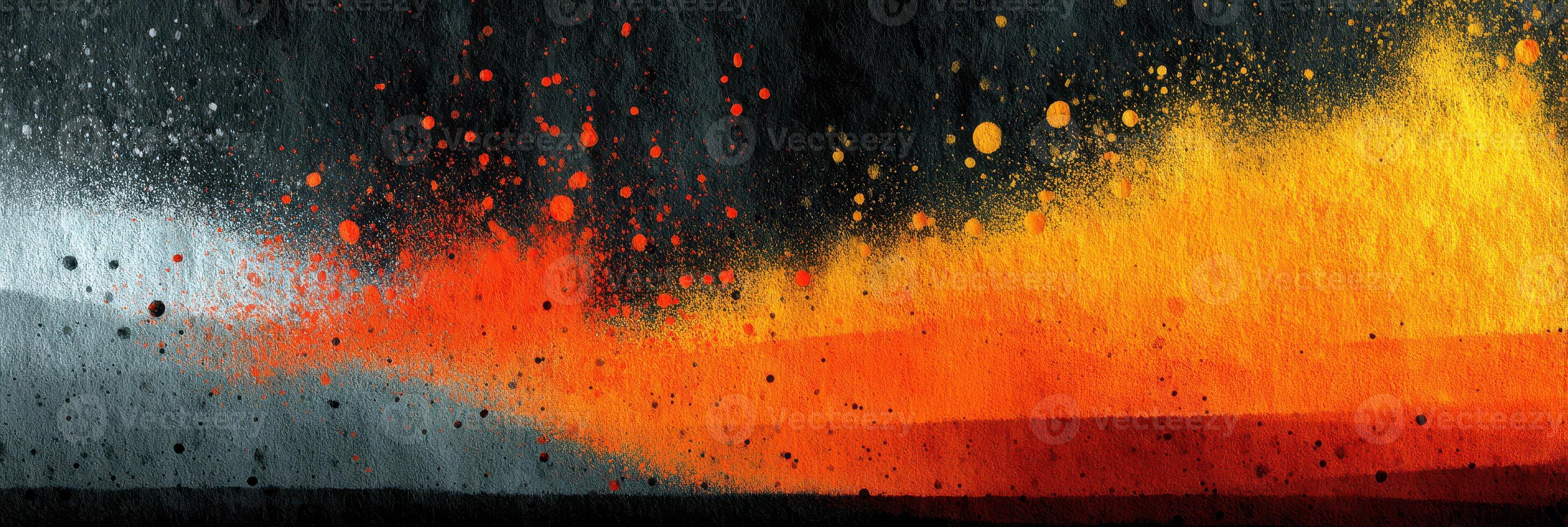 Vibrant abstract art piece featuring fiery orange and yellow tones merging with dark hues and splashes of color photo