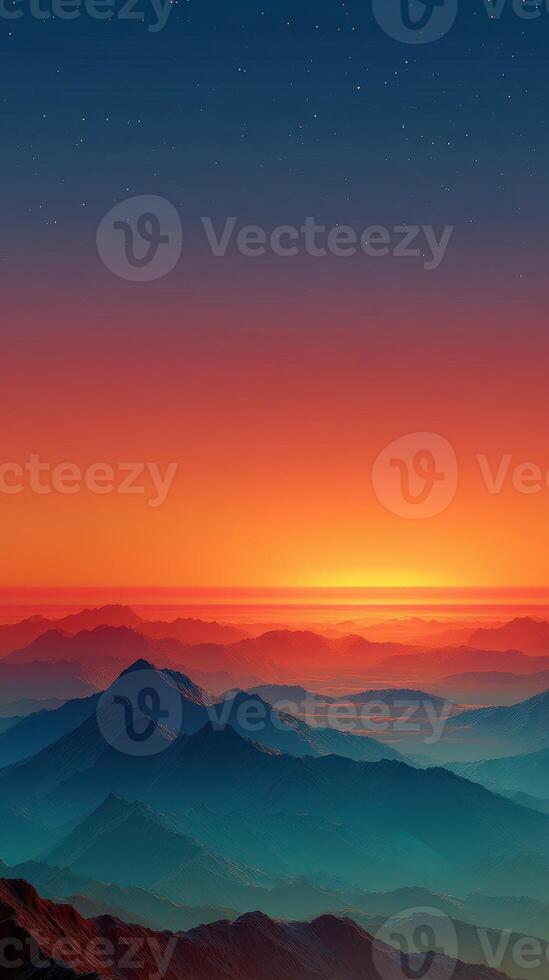 Vibrant sunset over layered mountains reveals serene twilight sky and distant peaks reflecting warm light photo