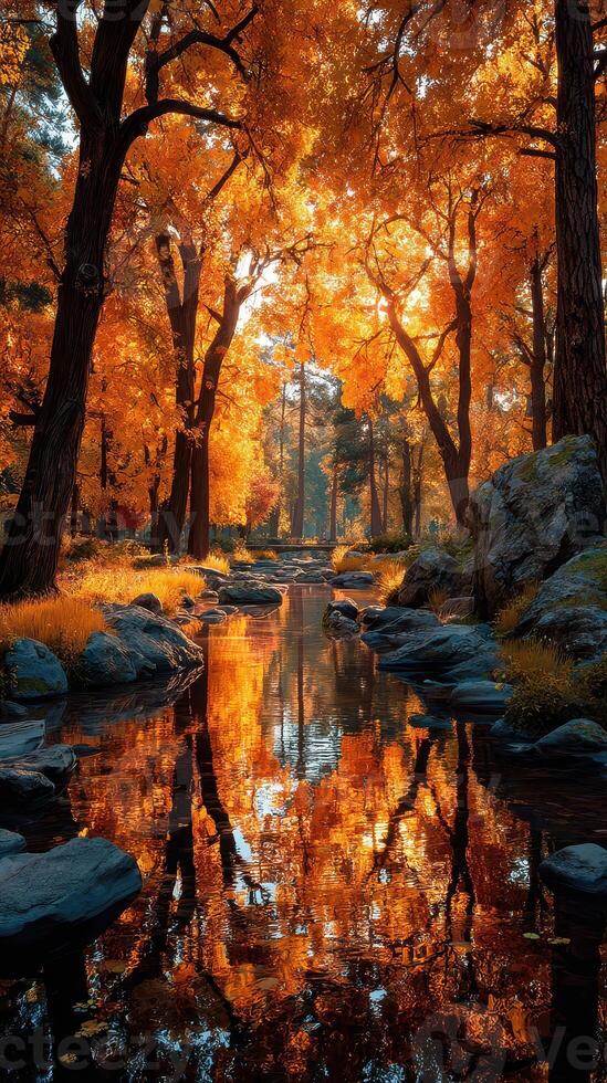 Autumn trees reflecting in a calm stream at sunset in a peaceful forest setting photo