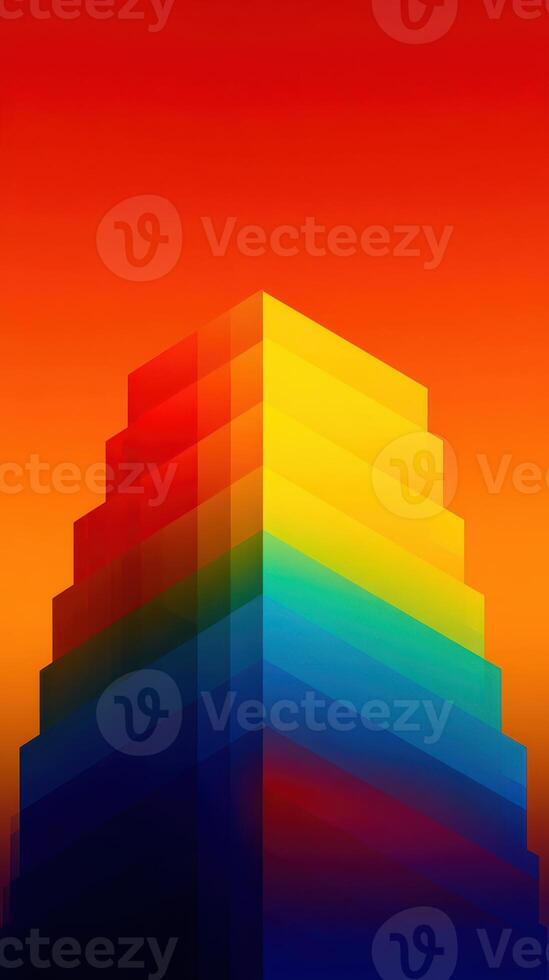 Colorful geometric structure rises against a vibrant sunset sky with layered hues of red, orange, and yellow photo