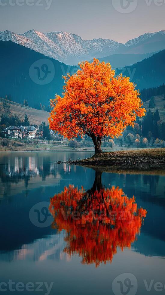 Vibrant autumn tree stands alone on the shore, reflecting in the calm lake with mountains in the background at dusk photo