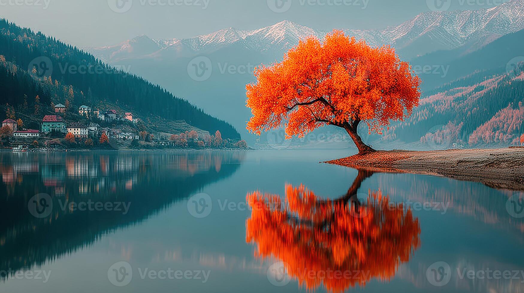 Vibrant orange tree reflecting in a calm lake surrounded by mountains during autumn sunset photo