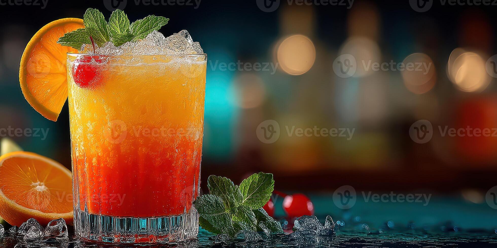 Colorful cocktail garnished with mint and fruit on a bar countertop during evening hours photo