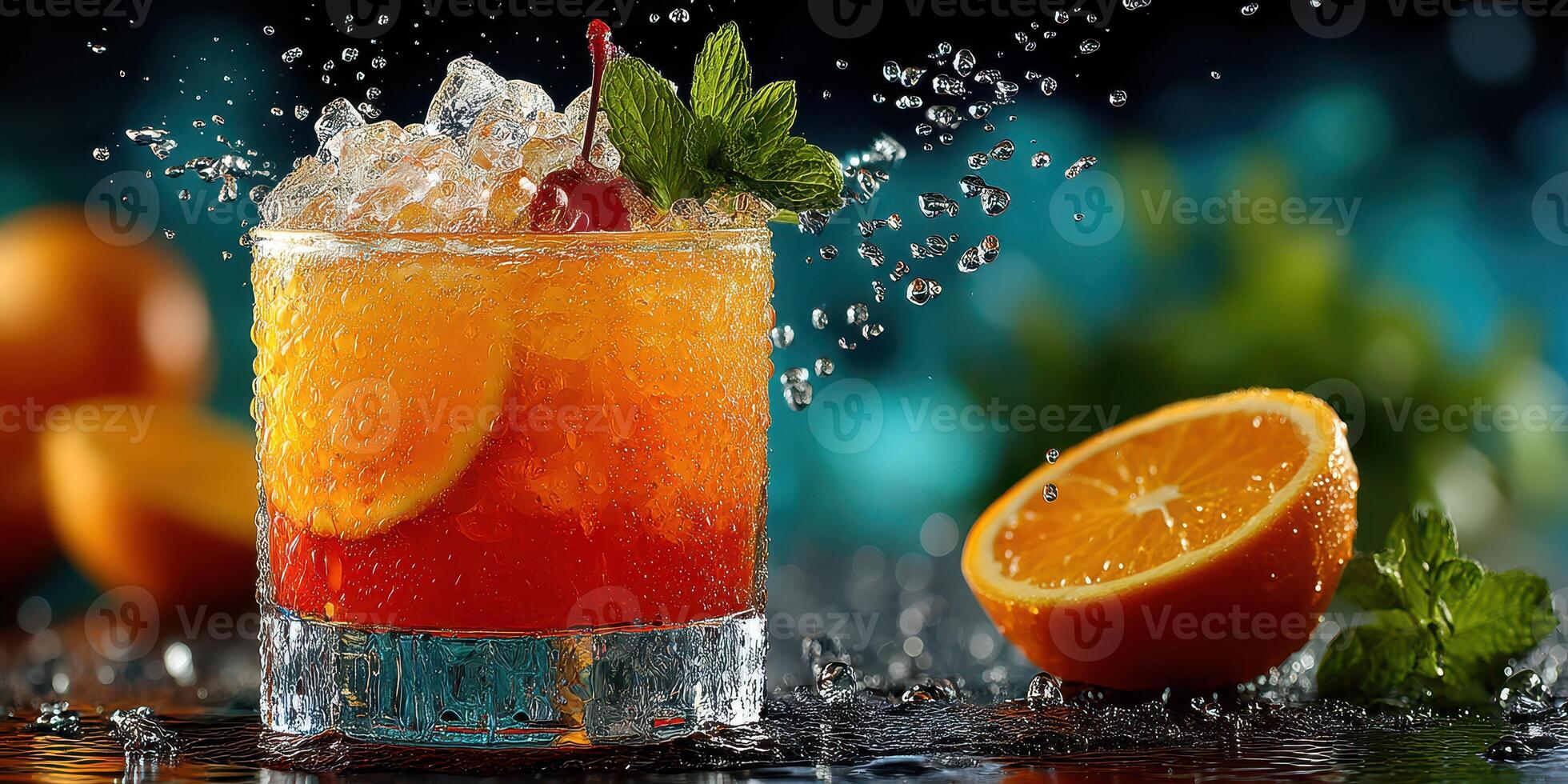 Refreshing cocktail garnished with mint and orange slices served on a bar table during a summer evening photo