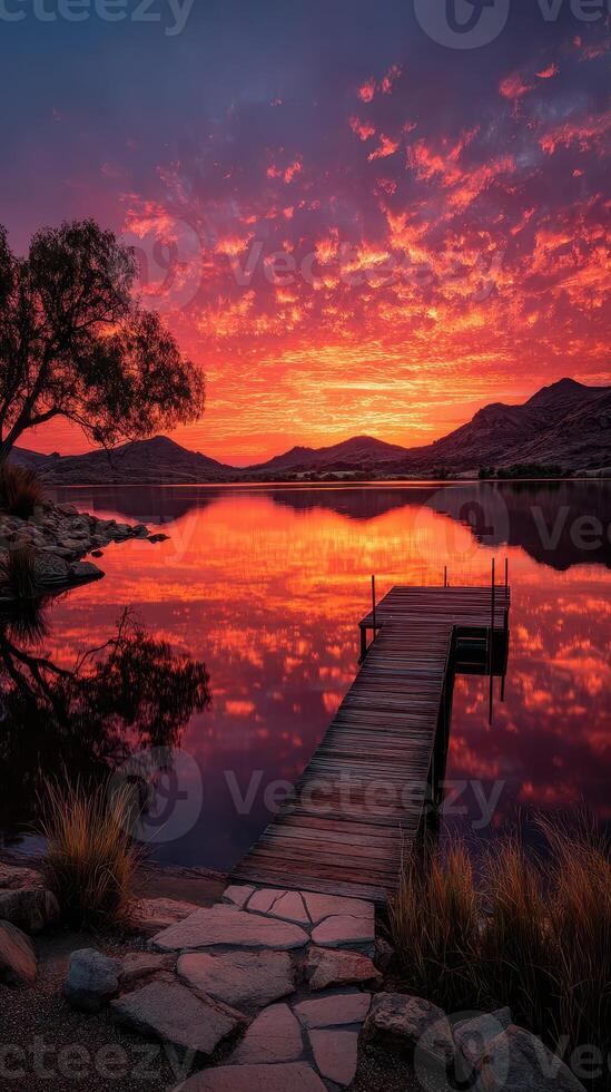 Vibrant sunset over tranquil lake with wooden dock amidst serene landscape in early evening photo