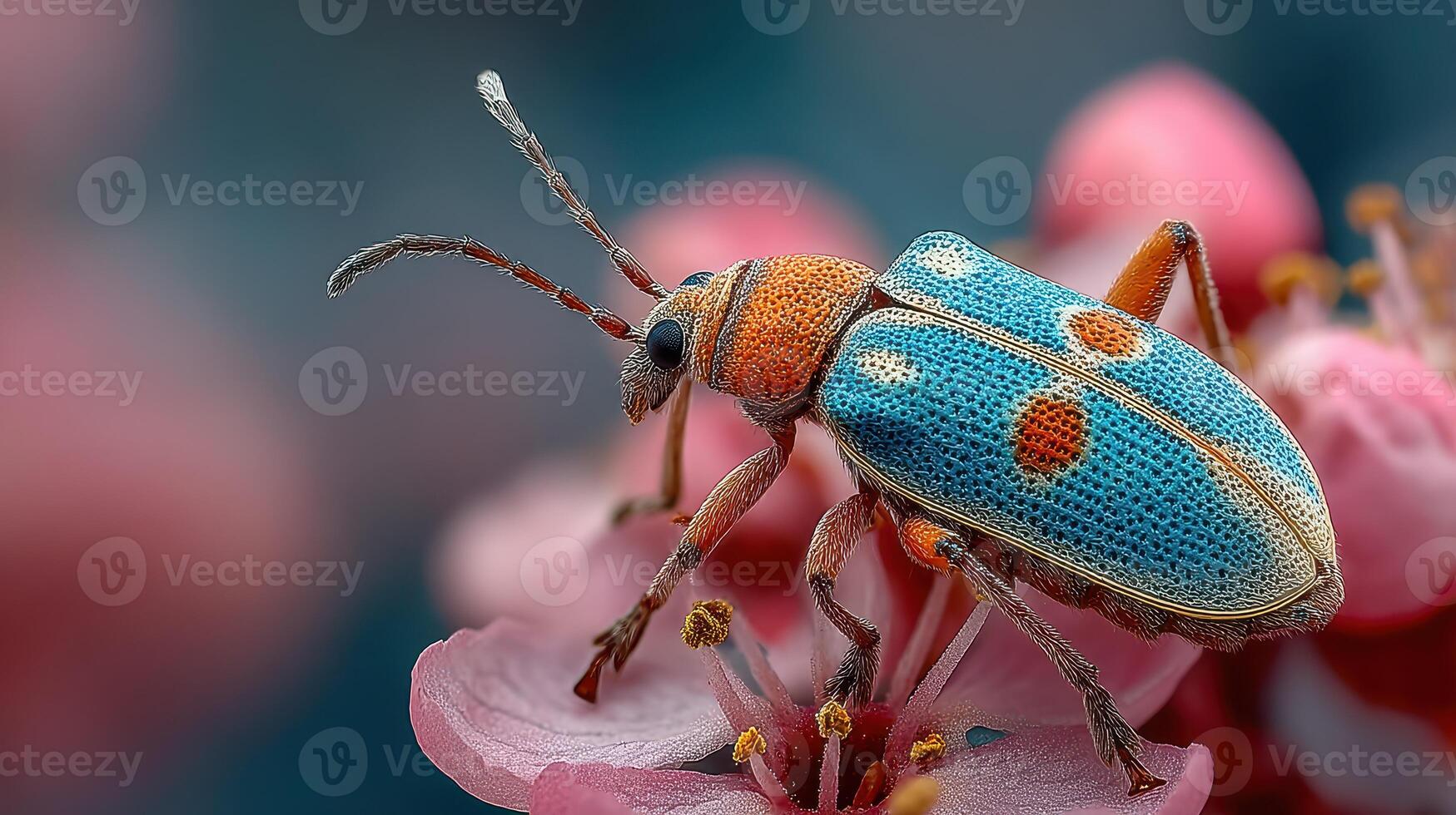 Colorful beetle interacting with pink flowers in a vibrant garden during spring photo