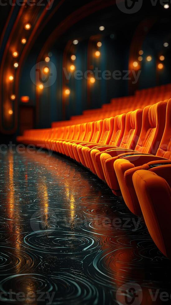 Vibrant orange theater seats arranged in an elegant setting with soft lighting reflecting on a glossy floor photo