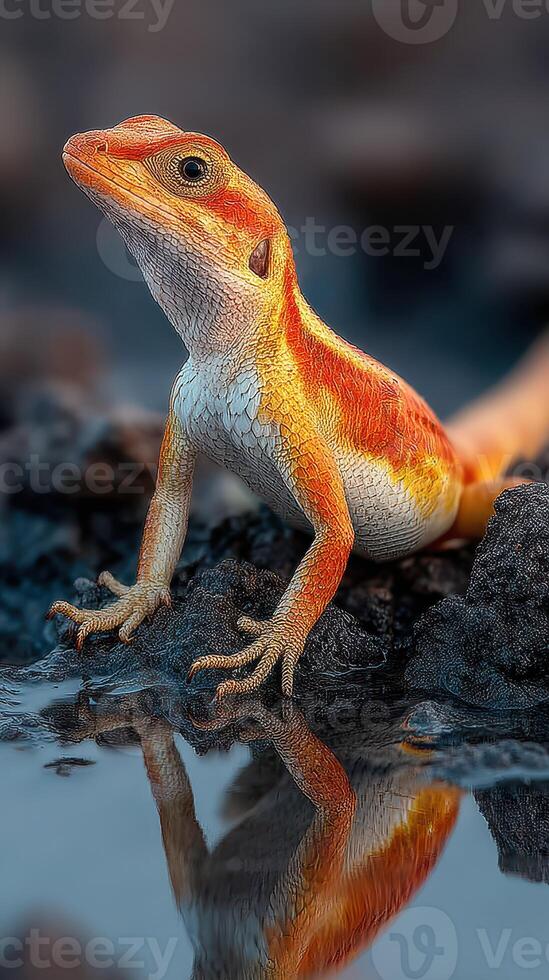 Vibrant orange lizard basking on rocky terrain with its reflection visible in the water during late afternoon light photo