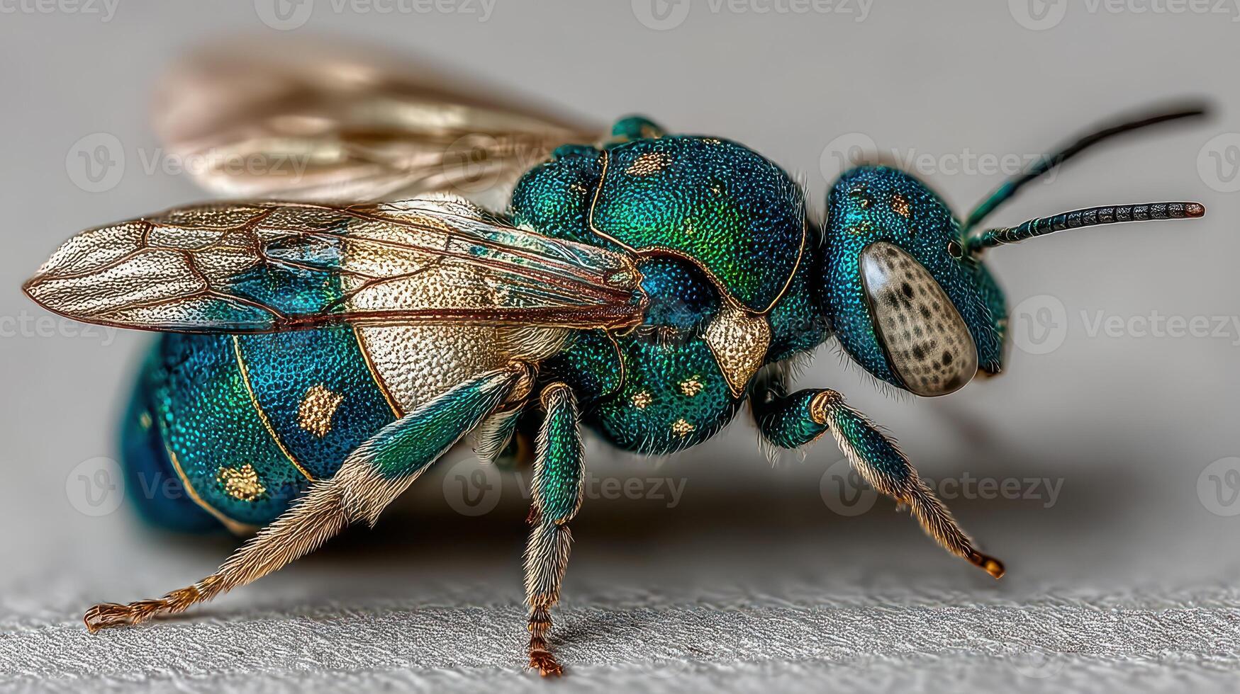 Vibrant teal insect showcasing intricate textures captured up close under natural light photo