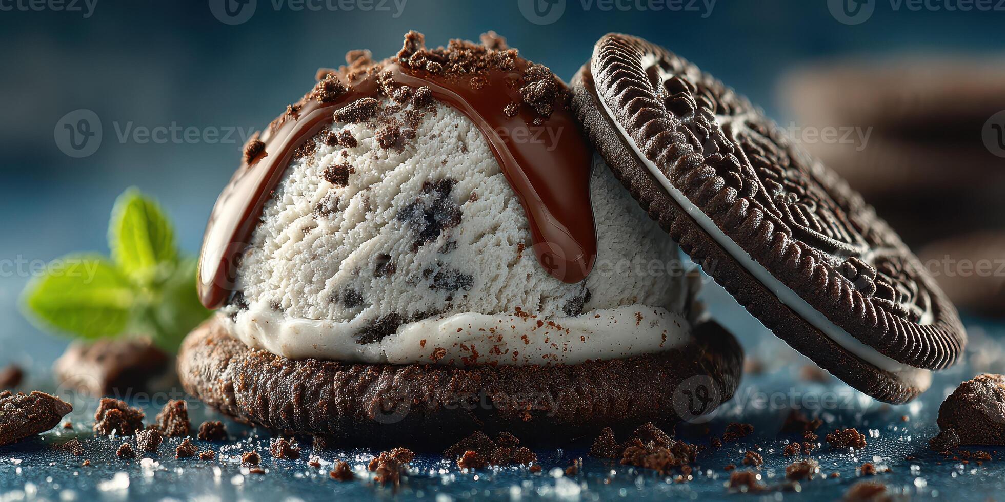Delicious dessert featuring cookies and cream ice cream topped with chocolate sauce and crushed cookies on a blue background photo