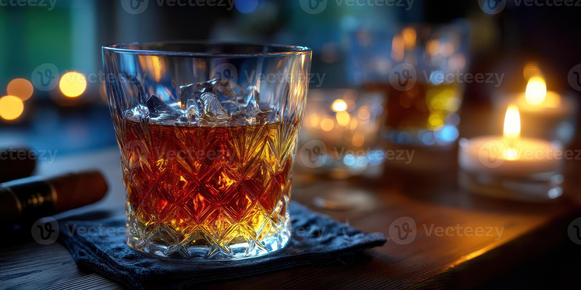 Warm evening with a glass of whiskey, relaxing ambiance created by candlelight and soft reflections on wood photo
